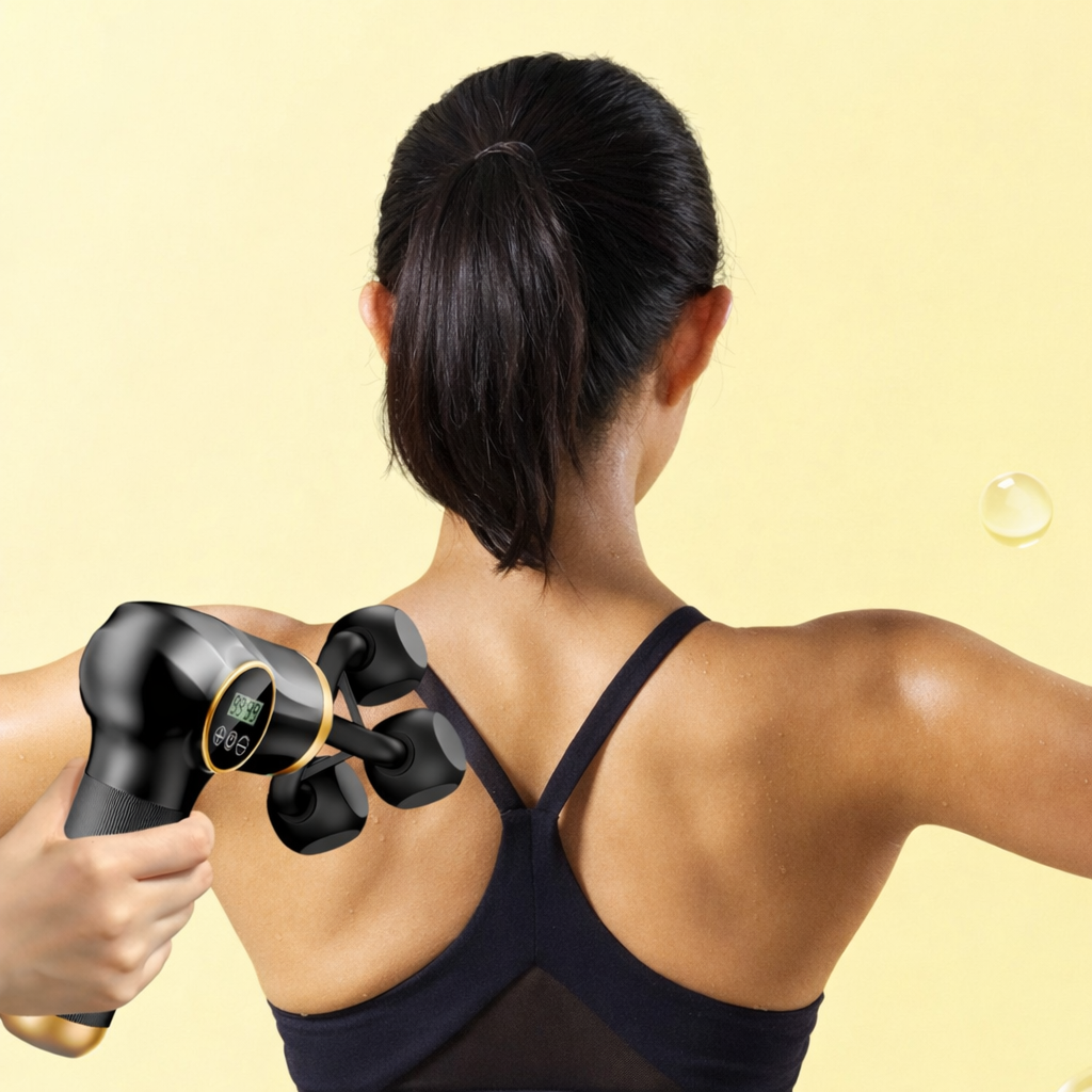 Woman using WELLUVEA Massage Gun on back